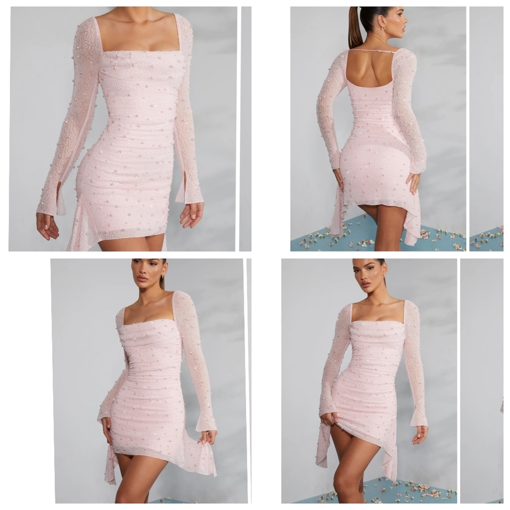 Oh Polly Tivoli Long Sleeve Embellished Cowl Neck Mini Dress in Blush New Size 4
